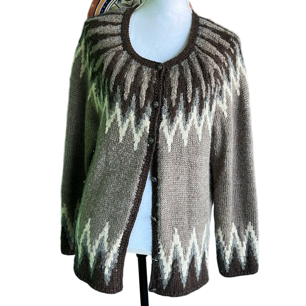 Vintage J.Jill Fair Isle Raglan Sleeve Wool Blend Chunky Knit Cardigan